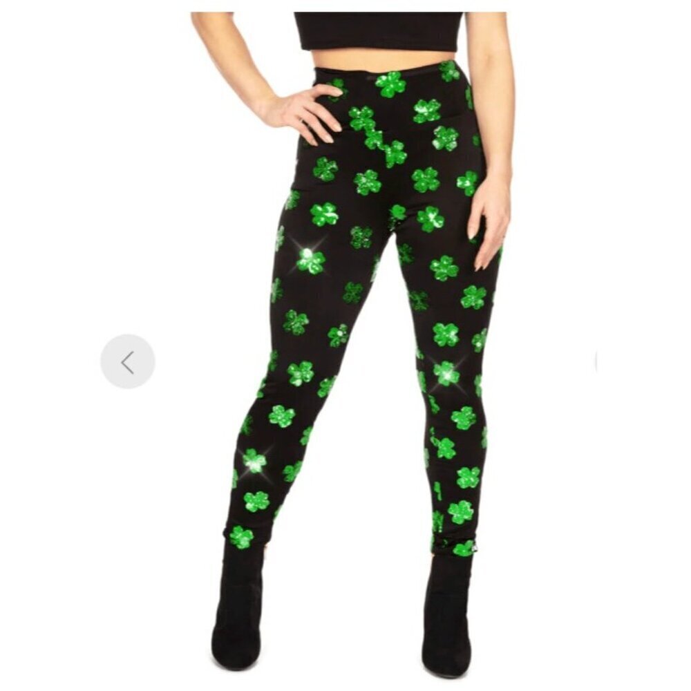 NWT Clover Print LEGGINGS Black Green Stretch XL St.Patricks day